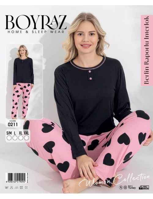 Boyraz 0211 Kadın Raporlu Uzun Kol Pijama Takımı