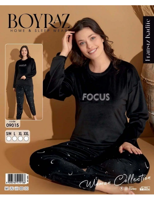 Boyraz 09015 Fransız Kadife Kumaş Uzun Kol Pijama Takımı