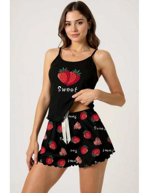 Çilek Baskılı Siyah Askılı Şortlu Pijama Takımı