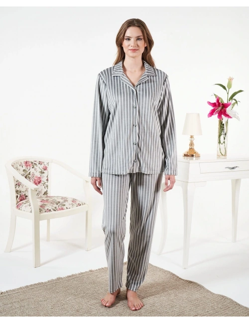Estiva 25360 Gömlek Yaka Çizgili Kadife Pijama Takımı