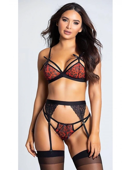 For Dreams 8356 Kırmızı Leopar Desenli Jartiyer Takım