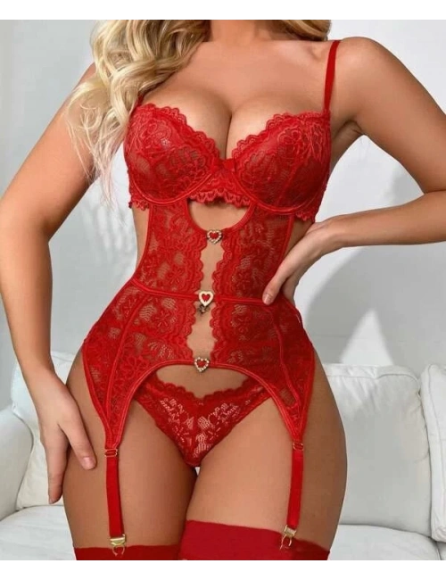 For Dreams 8465 Dantelli Kalp Aksesuar Detaylı Jartiyerli Büstiyer Çorap Takım