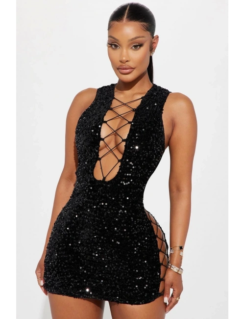 For Dreams 8484 Payetli Fantezi Siyah Mini Elbise