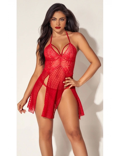 For Dreams 8604 Kırmızı Dantelli Boyundan Askılı Gecelik Takım