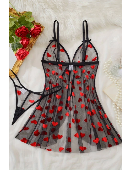 Kalp Desenli Siyah Transparan Gecelik Brf1378