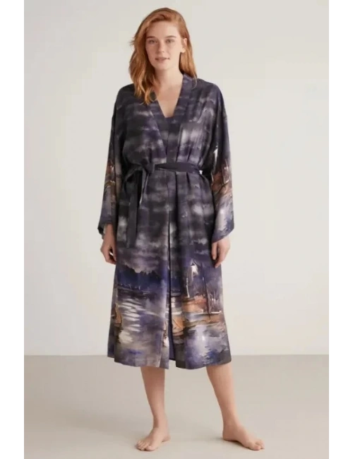 Nautıca W603 Kadın Baskılı Uzun Gecelik Ve Sabahlık Takımı