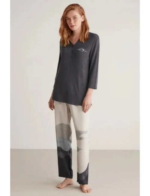 Nautıca W604 Kadın Patlı V Yaka Uzun Kollu Pijama Takımı