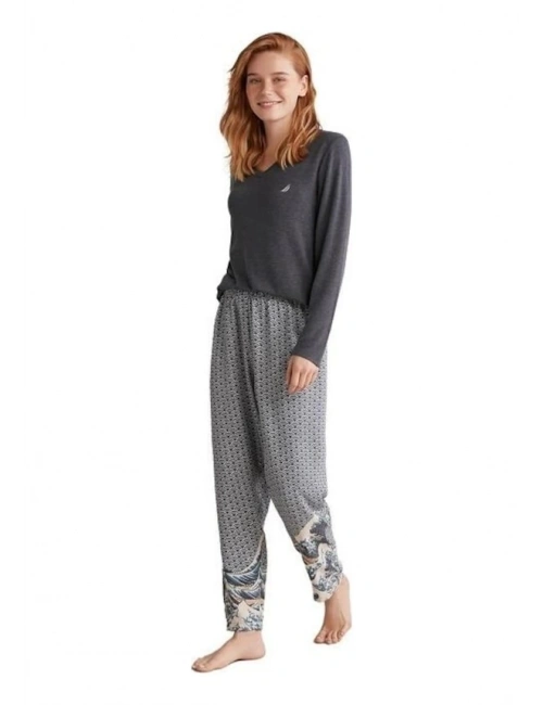 Nautıca W618 Kadın Patlı V Yaka Uzun Kollu Pijama Takımı