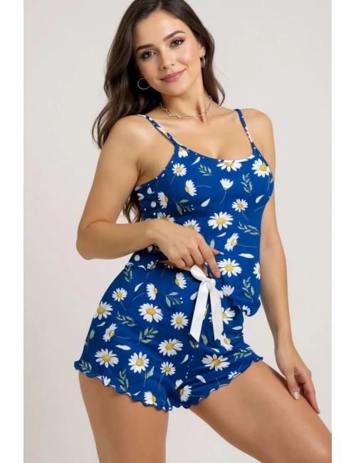 Papatya Desenli Mavi Askılı Şortlu Pijama Takımı