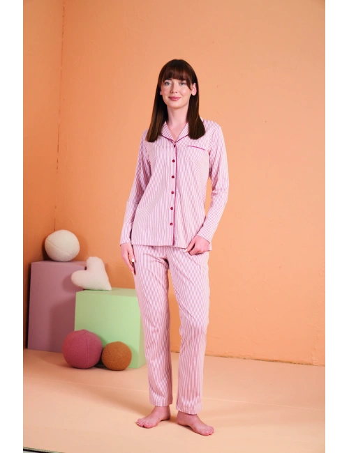 Pjs 28001 Kadın Uzun Kol Çizgili Önü Düğmeli Pijama Takım