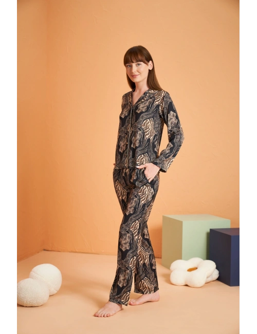 Pjs 28039 Kadın Uzun Kol Boydan Düğmeli Desenli Pijama Takımı