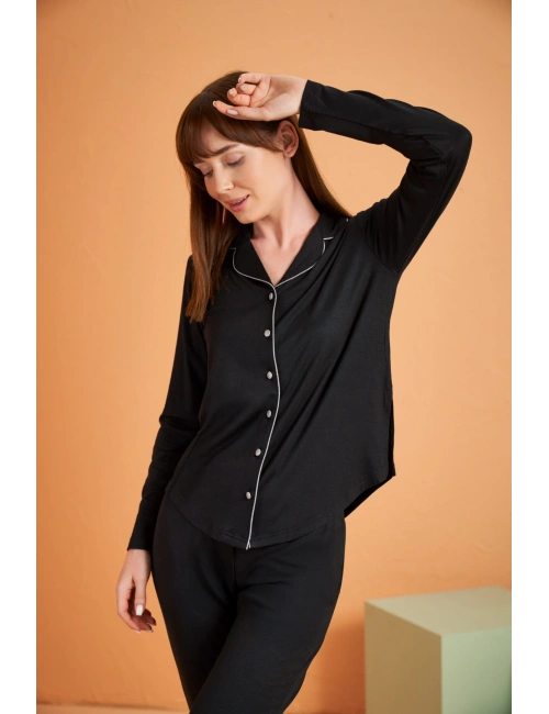 Pjs 28049 Kadın Uzun Kol Önü Düğmeli Pijama Takım