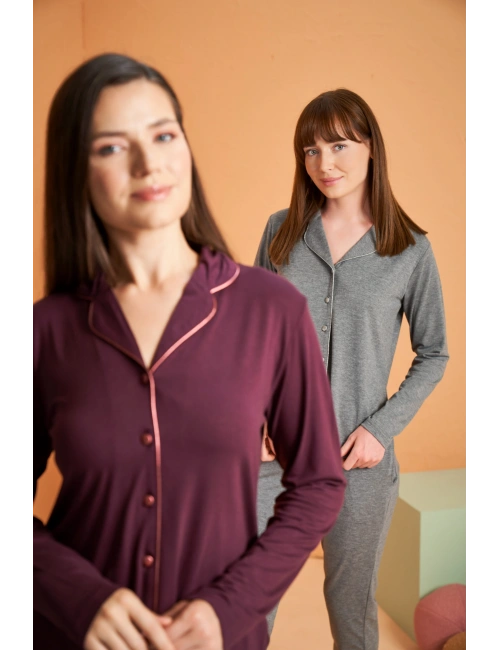 Pjs 28049 Kadın Uzun Kol Önü Düğmeli Pijama Takım