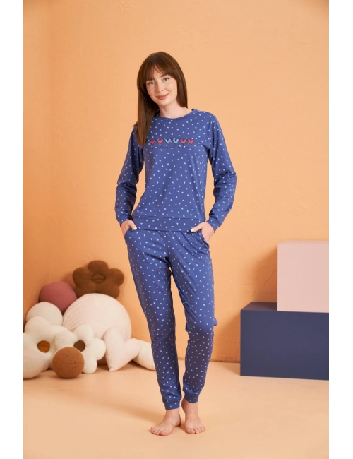 Pjs 28081 Kadın Uzun Kol Yuvarlak Yaka Kalpli Pijama Takım