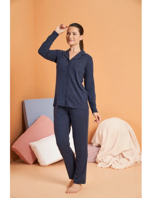Pjs 28090 Kadın Gömlek Yaka Patlı Pijama Takımı