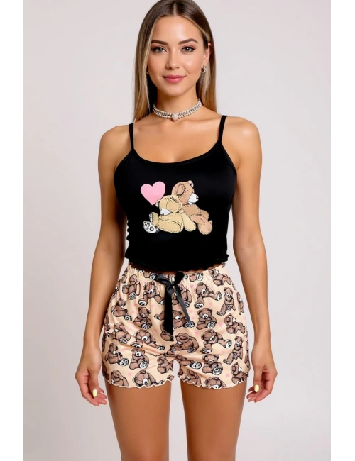 Renkli Ayıcık Desenli Askılı Şortlu Kadın Pijama Takımı