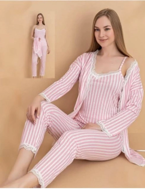 Stil Moda 6064 Kadın Çizgili Askılı Sabahlıklı Pijama Takımı