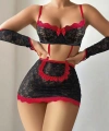 5 Parça Kırmızı Siyah Dantel Çiçek Desen Hizmetçi Model Özel Fantazi Tanga Hediyeli 3815