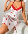 Kadın Beyaz Kırmızı Kiraz Desenli Saten Gecelik 2230