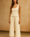 Kadın Beyaz Tek Omuzlu Şık Bluz & Geniş Paça Pantolon İkili Takım