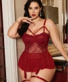 Kadın Bordo Dantelli Transparan Büyük Beden Fantezi Gecelik Takımı 8002