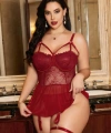 Kadın Bordo Dantelli Transparan Büyük Beden Fantezi Gecelik Takımı 8002