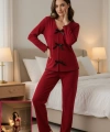 Kadın Bordo Fiyonklu İç Çamaşırı Ve Uzun Kollu V Yaka Pijama Takımı 4lü Set