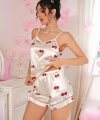 Kadın Ekru Kiraz Desenli Saten Şort Pijama Takımı 2226