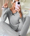 Kadın Gri Çizgili Uzun Kollu Fiyonk Detaylı Pijama Takımı Rahat Mevsimlik