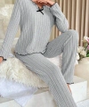 Kadın Gri Çizgili Uzun Kollu Fiyonk Detaylı Pijama Takımı Rahat Mevsimlik