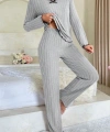 Kadın Gri Çizgili Uzun Kollu Fiyonk Detaylı Pijama Takımı Rahat Mevsimlik