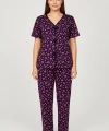 Kadın Mor Kalp Desenli Fiyonklu Kısa Kollu Uzun Pijama Takımı