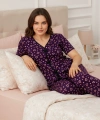 Kadın Mor Kalp Desenli Fiyonklu Kısa Kollu Uzun Pijama Takımı