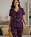 Kadın Mor Kalp Desenli Fiyonklu Kısa Kollu Uzun Pijama Takımı