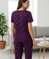 Kadın Mor Kalp Desenli Fiyonklu Kısa Kollu Uzun Pijama Takımı