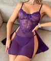 Kadın Mor Yırtmaç Detaylı Seksi Tül Kısa Gecelik