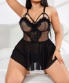 Kadın Nakışlı Siyah Gotik İp Askılı Büyük Beden Tüllü Transparan Fantezi Gecelik 8007