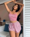 Kadın Pembe Çizgili Desen Askılı Şortlu Pijama Takım 9002