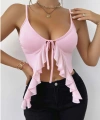 Kadın Pembe Crop Askılı Önden Bağlama Fırfır Detaylı 5090