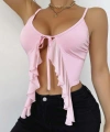 Kadın Pembe Crop Askılı Önden Bağlama Fırfır Detaylı 5090