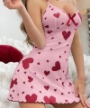 Kadın Pembe Kırmızı Kalp Desenli Askılı Sırt Dekolteli Elbise 5064