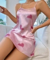 Kadın Pembe Saten Askılı Fuşya Kalp Desen Baskılı Gecelik 2217