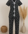 Kadın Siyah Beyaz Kalp Desenli Fiyonklu Kısa Kollu Pijama Takımı