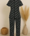 Kadın Siyah Beyaz Kalp Desenli Fiyonklu Kısa Kollu Pijama Takımı