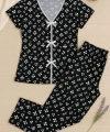 Kadın Siyah Beyaz Kalp Desenli Fiyonklu Kısa Kollu Pijama Takımı
