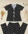 Kadın Siyah Beyaz Kalp Desenli Fiyonklu Kısa Kollu Pijama Takımı