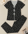 Kadın Siyah Beyaz Kalp Desenli Fiyonklu Kısa Kollu Pijama Takımı