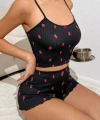 Kadın Siyah Çilek Desenli Seksi Gecelik Takım 6644