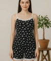 Kadın Siyah Kalp Desenli Askılı Şortlu Dantelli Pijama Takımı