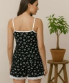 Kadın Siyah Kalp Desenli Askılı Şortlu Dantelli Pijama Takımı